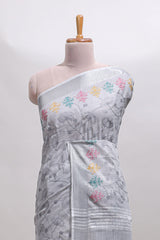 Grey embroidery floral design linen cotton saree with self zari border and matching blouse