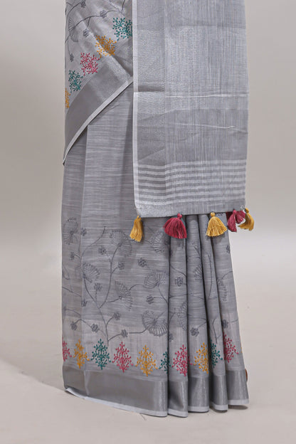 Grey embroidery floral design linen cotton saree with self zari border and matching blouse