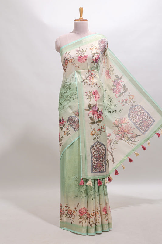 Green floral design linen cotton saree with self zari border and matching printed blouse