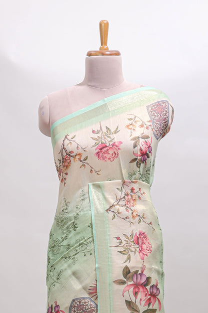 Green floral design linen cotton saree with self zari border and matching printed blouse