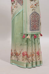 Green floral design linen cotton saree with self zari border and matching printed blouse