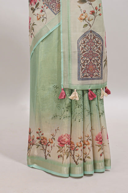Green floral design linen cotton saree with self zari border and matching printed blouse