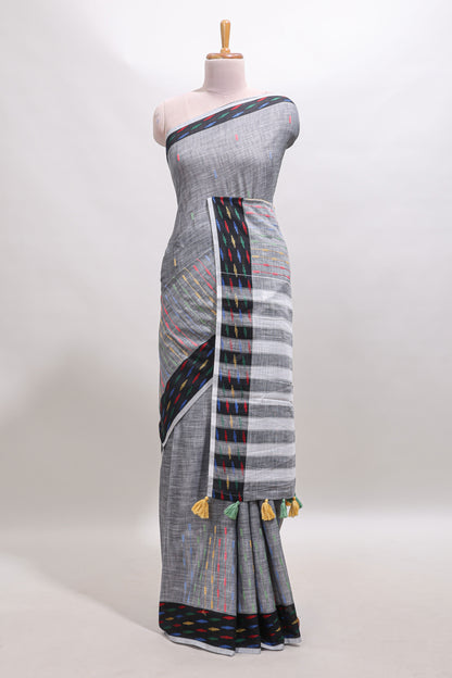 Grey thread butta linen cotton saree with contrast border and striped pallu