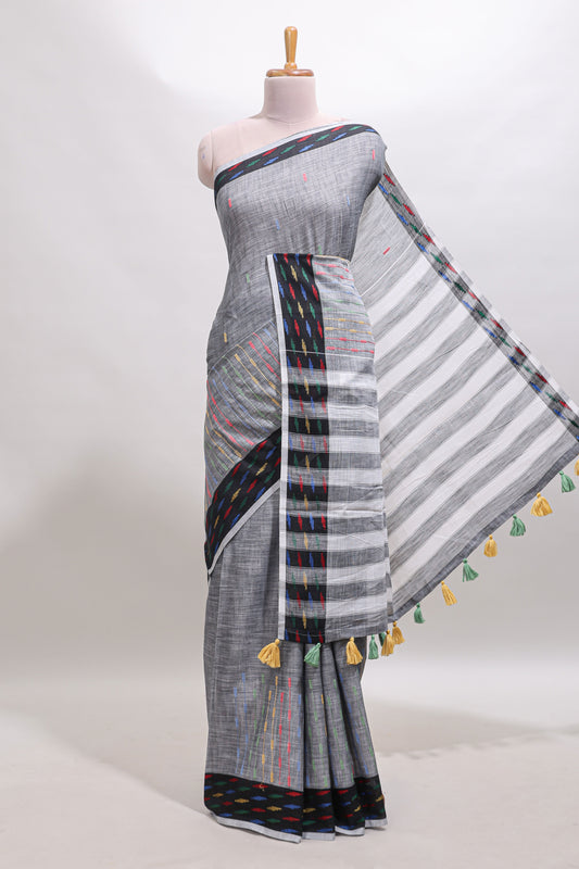 Grey thread butta linen cotton saree with contrast border and striped pallu