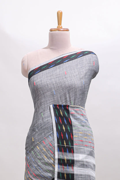 Grey thread butta linen cotton saree with contrast border and striped pallu