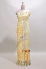 Yellow embroidery floral design linen cotton saree with self zari border and matching blouse
