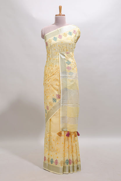 Yellow embroidery floral design linen cotton saree with self zari border and matching blouse