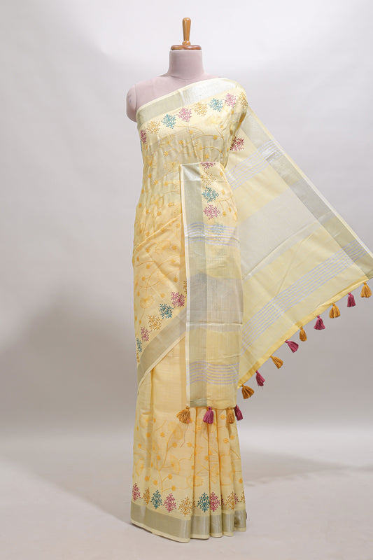 Yellow embroidery floral design linen cotton saree with self zari border and matching blouse