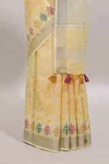 Yellow embroidery floral design linen cotton saree with self zari border and matching blouse