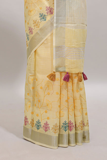 Yellow embroidery floral design linen cotton saree with self zari border and matching blouse