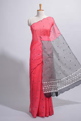Coral pink linen cotton saree withsequin details striped and geometric zigzag pallu with scallop border along with striped blouse