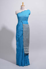 Blue linen cotton saree withsequin details striped and geometric zigzag pallu with scallop border along with striped blouse