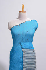 Blue linen cotton saree withsequin details striped and geometric zigzag pallu with scallop border along with striped blouse