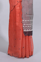 Orange linen cotton saree withsequin details striped and geometric zigzag pallu with scallop border along with striped blouse