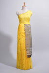 Yellow linen cotton saree withsequin details striped and geometric zigzag pallu with scallop border along with striped blouse
