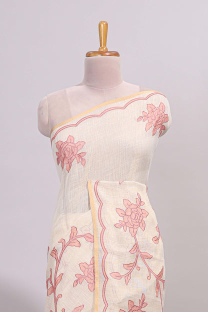 Cream floral design linen cotton saree with self zari border and contrast printed blouse