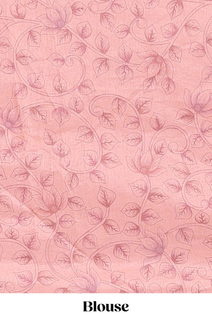 Cream floral design linen cotton saree with self zari border and contrast printed blouse