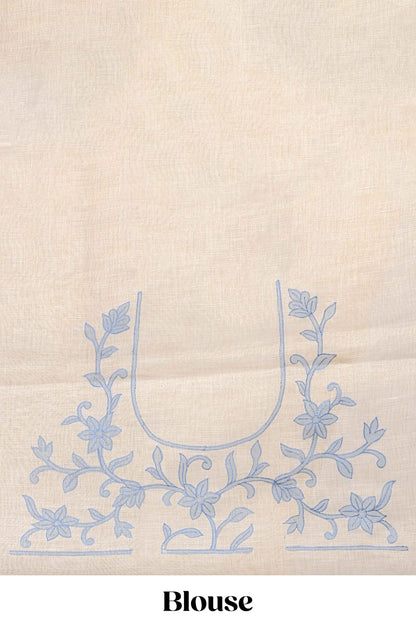 Cream floral design linen cotton saree with self zari border and matching printed blouse