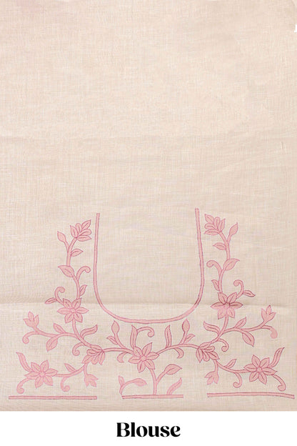 Cream floral design linen cotton saree with self zari border and matching printed blouse