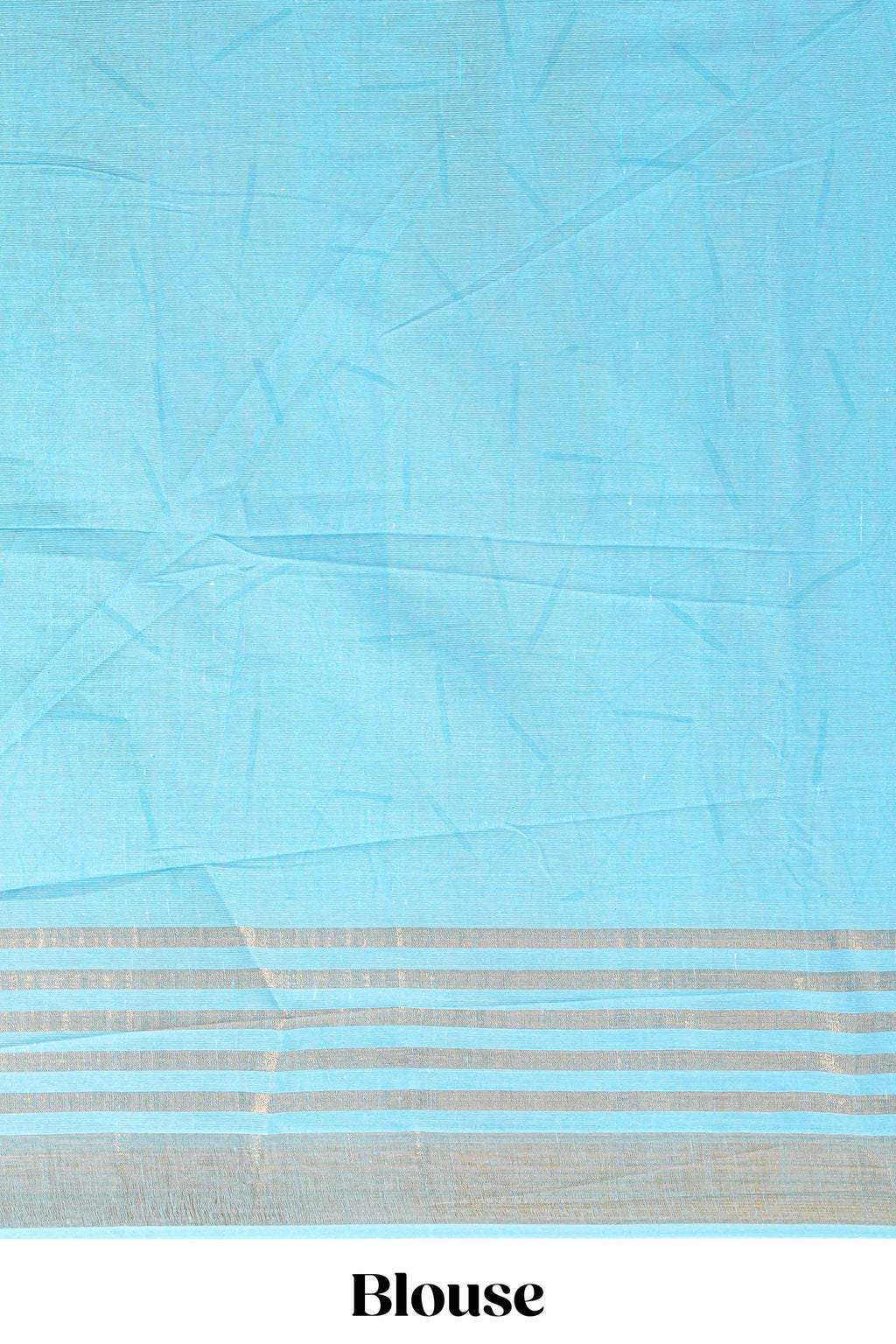 Pastel blue and beige linen cotton saree with animal motifs striped zari border and printed pallu with tassel along with contrast blouse