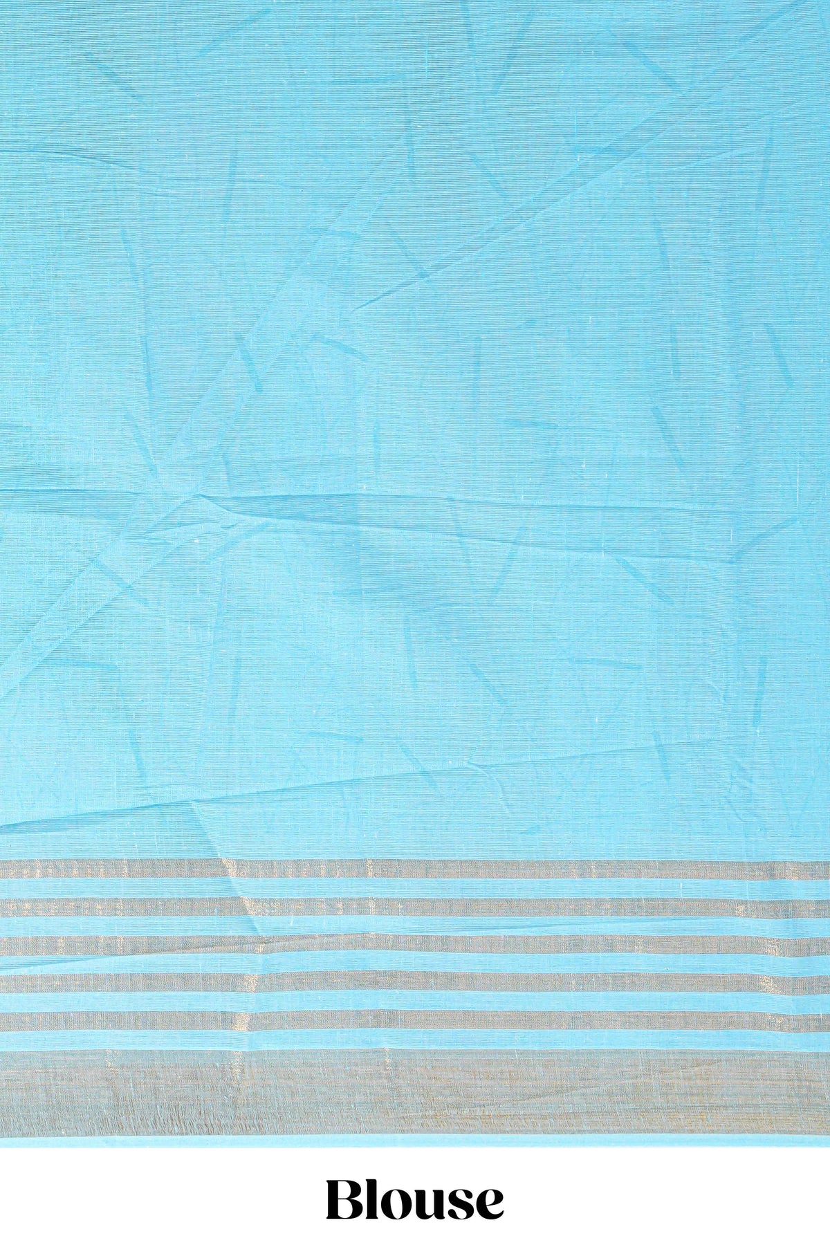 Pastel blue and beige linen cotton saree with animal motifs striped zari border and printed pallu with tassel along with contrast blouse