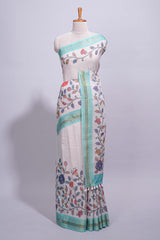 Elegant linen cotton saree with multicolourfloral vine print with a contrast border and printed pallu along with printed blouse