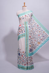 Elegant linen cotton saree with multicolourfloral vine print with a contrast border and printed pallu along with printed blouse