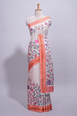 Ivory with orange linen cotton saree with multicolourfloral vine print with a contrast border and printed pallu along with printed blouse