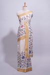 Ivory with yellow linen cotton saree with multicolourfloral vine print with a contrast border and printed pallu along with printed blouse