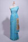 Blue linen saree white polka dot pattern all over the body and self zari border with printed pallu along with printed blouse