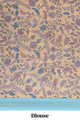 Blue linen saree white polka dot pattern all over the body and self zari border with printed pallu along with printed blouse