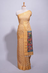 Mustard yellow linen saree white polka dot pattern all over the body and self zari border with printed pallu along with printed blouse
