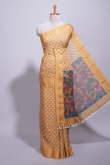 Mustard yellow linen saree white polka dot pattern all over the body and self zari border with printed pallu along with printed blouse