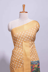 Mustard yellow linen saree white polka dot pattern all over the body and self zari border with printed pallu along with printed blouse