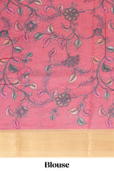 Mustard yellow linen saree white polka dot pattern all over the body and self zari border with printed pallu along with printed blouse