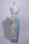 Pastel blue and ivory linen cotton saree with animal motifs striped zari border and printed pallu with tassel along with contrast blouse