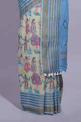 Pastel blue and ivory linen cotton saree with animal motifs striped zari border and printed pallu with tassel along with contrast blouse