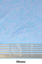 Pastel blue and ivory linen cotton saree with animal motifs striped zari border and printed pallu with tassel along with contrast blouse