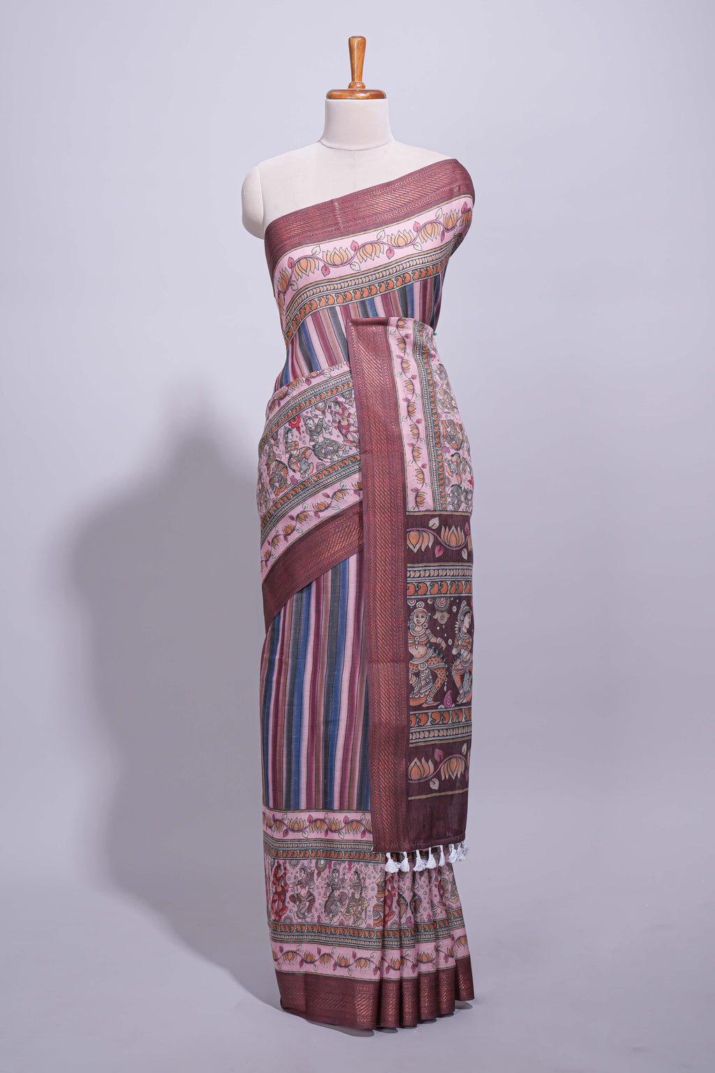 Multicolor Linen Saree With Vertical Stripe Patterns, Traditional Floral Motifs, Intricate Printed Borders And Contrast Blouse Piece