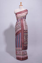 Multicolor Linen Saree With Vertical Stripe Patterns, Traditional Floral Motifs, Intricate Printed Borders And Contrast Blouse Piece