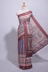 Maroon linen saree with vertical stripe patterns and traditional floral artistic motifs with intricate printed borders along with contrast blouse piece