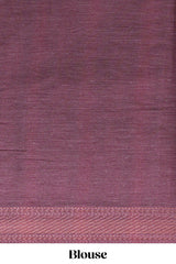 Maroon linen saree with vertical stripe patterns and traditional floral artistic motifs with intricate printed borders along with contrast blouse piece