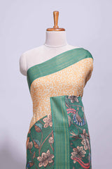 Linen saree with a mustard yellow and greenfeaturing floral patterns with a contrastfloral printed pallu and zari border with tassel
