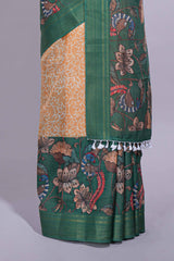 Linen saree with a mustard yellow and greenfeaturing floral patterns with a contrastfloral printed pallu and zari border with tassel