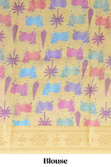Pink linen saree with white dotted floral patterns with golden zari border and a multicolour pichwai motifs along with printed blouse