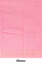 Linen saree with a pink colour  featuring floral patterns with a contrast  floral printed pallu and zari border with tassel along with contrast blouse