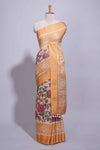 Linen saree with a orange colourfeaturing floral patterns with a contrastfloral printed pallu and zari border with tassel along with contrast blouse