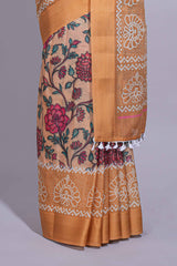 Linen saree with a orange colourfeaturing floral patterns with a contrastfloral printed pallu and zari border with tassel along with contrast blouse