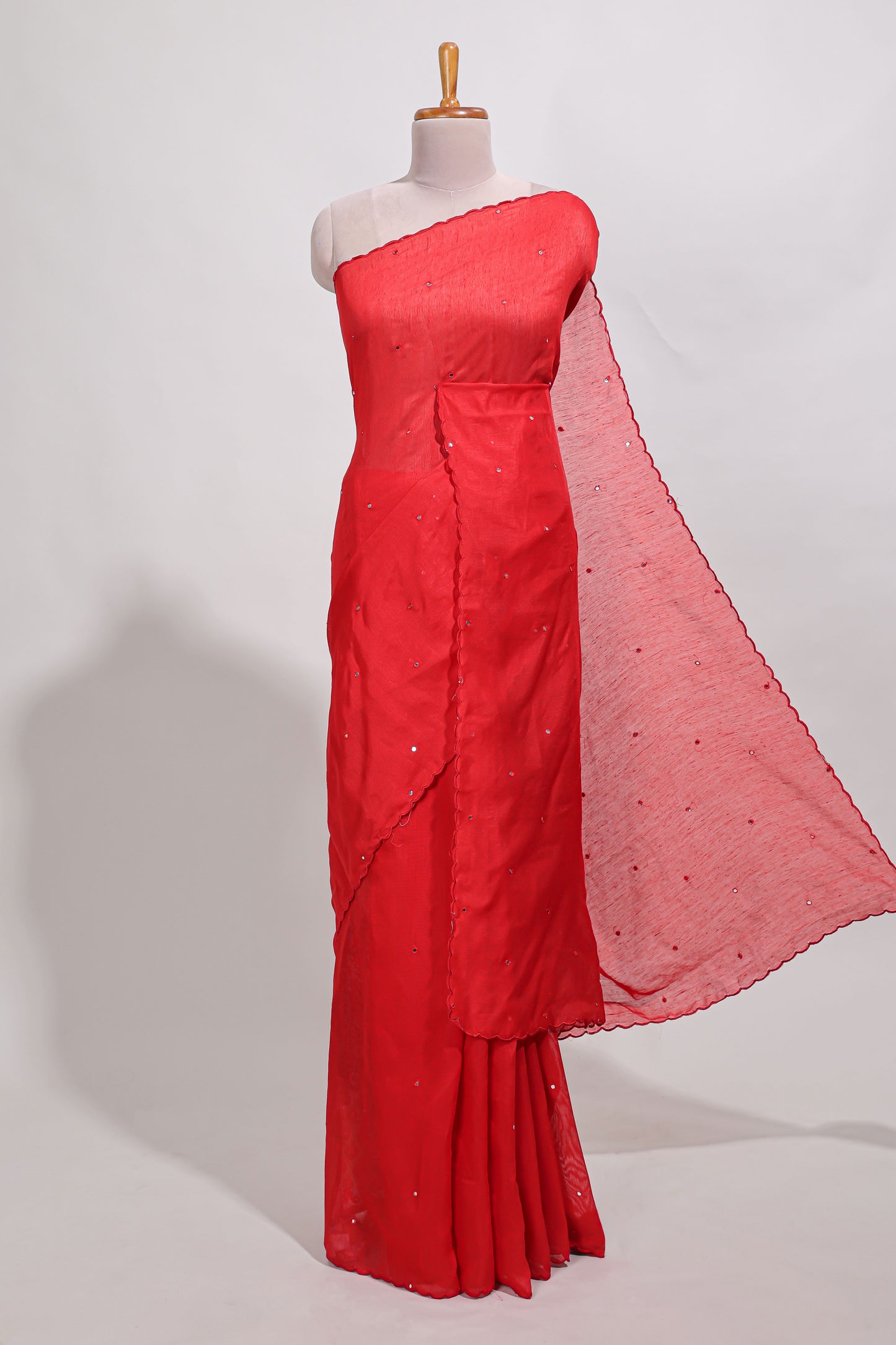 Rani pink with mirror work  linen cotton saree with patch work style  printed blouse