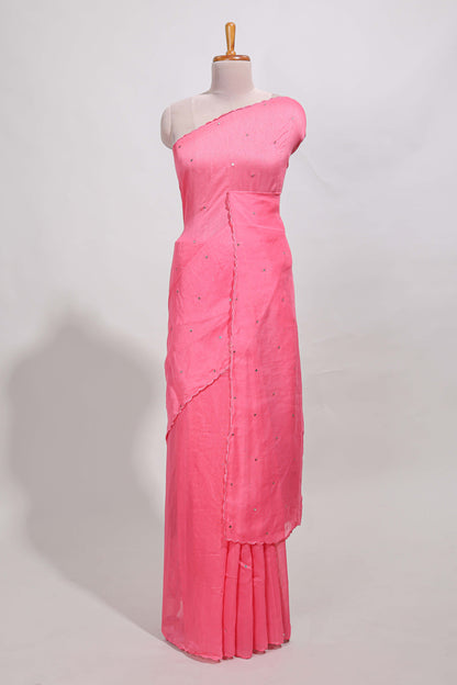 pink with mirror work  linen cotton saree with patch work style  printed blouse